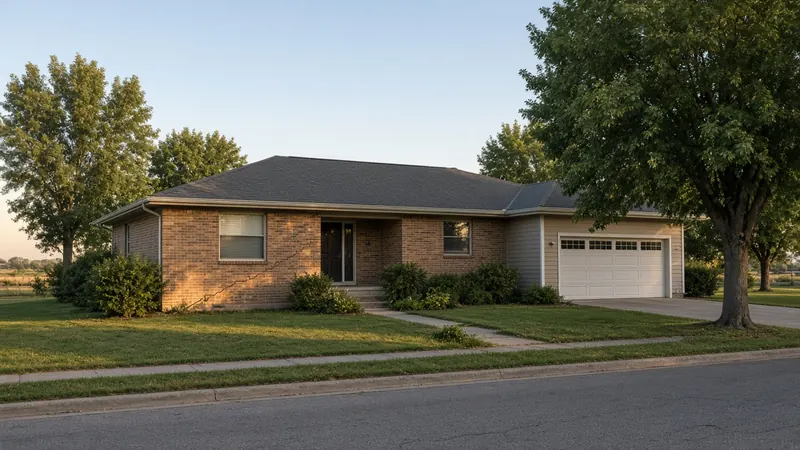 Single-story brick ranch house on a quiet residential street, with a stair-step crack in the brick to the left of the front door